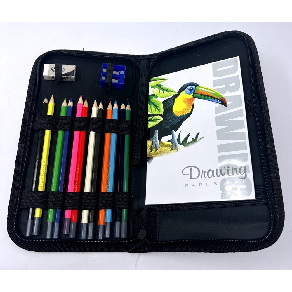Royal & Langnickel Keep N Carry 12 Colored Pencil Drawing Set Case Black Zipped
